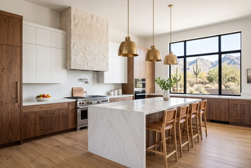 Luxury kitchen in an Arizona home with waterfall quartz island, brass pendant lights, and desert mountain view