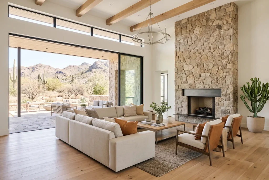 Bright modern living room in an Arizona home with stone fireplace and desert mountain views