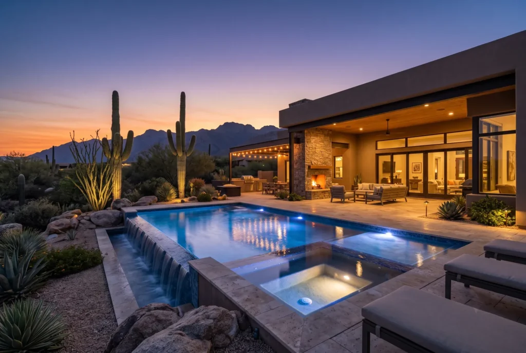 Luxury Arizona pool home at dusk with spa, outdoor fireplace, and desert mountain views