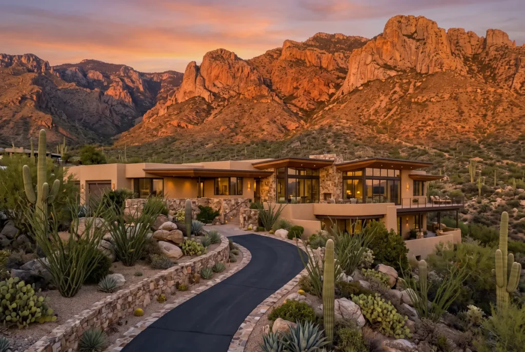 Contemporary desert estate in the Catalina Foothills of Tucson, Arizona with Santa Catalina Mountains at sunset