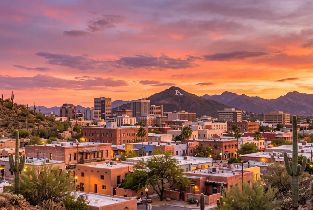 Downtown Tucson, Arizona at sunset with Sentinel Peak A Mountain and historic adobe and brick buildings
