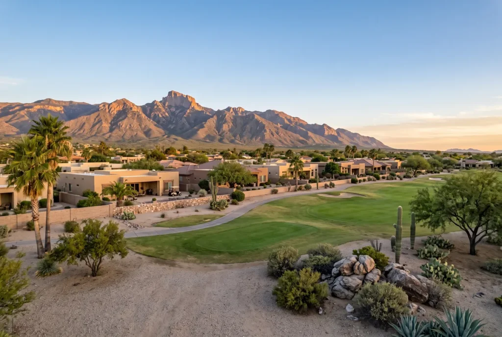 Green Valley, Arizona golf community homes with palm trees and the Santa Rita Mountains at sunset