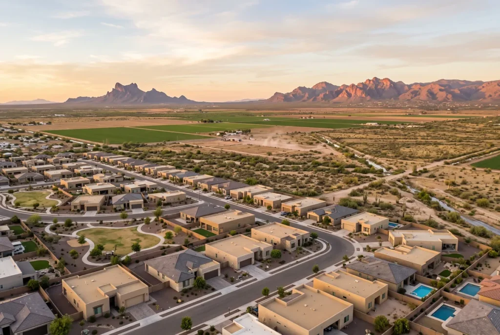 Aerial view of a Marana, Arizona neighborhood with farmland, Picacho Peak, and the Tortolita Mountains at sunset