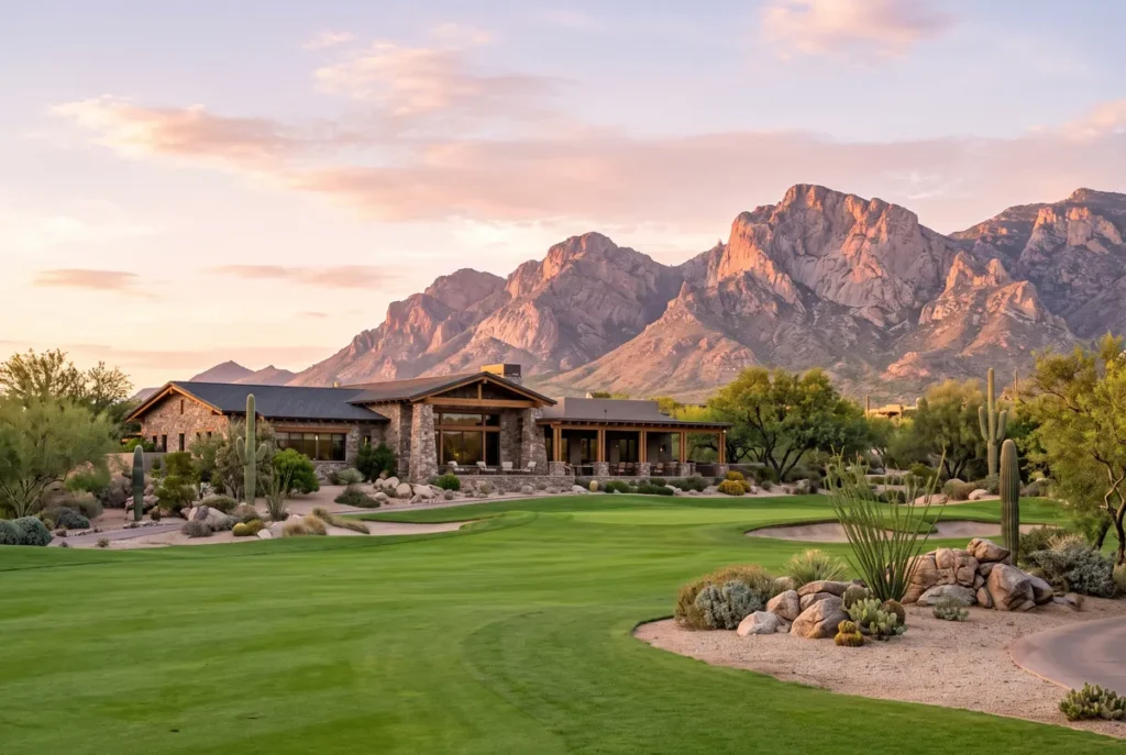 Oro Valley, Arizona golf community clubhouse with the Santa Catalina Mountains at sunset