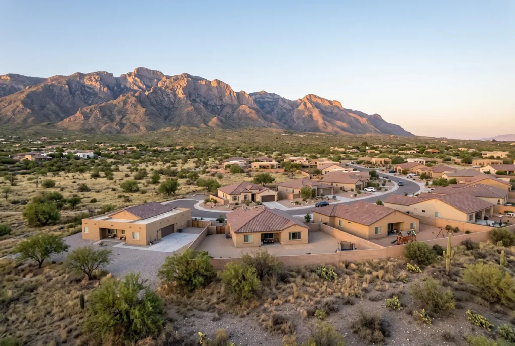 Vail, Arizona neighborhood of single-story stucco homes with the Rincon Mountains in the background